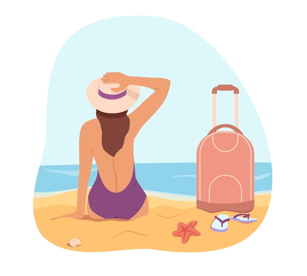 Summer adventures tourist photos and recreation concept Young lady sitting on sand with luggage and relaxing on beach Voyage abroad Joyful sunny tour Vector flat illustration