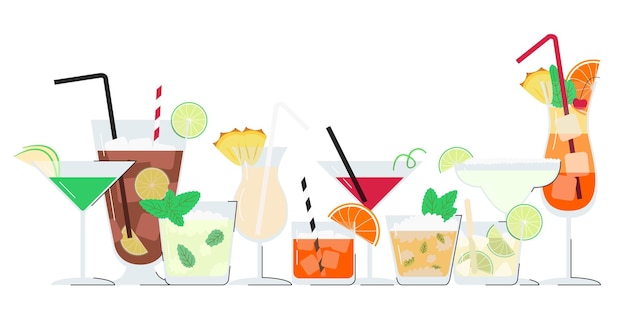 Summer alcohol cocktail set with copy space Horizontal banner with popular drinks for the bar menu