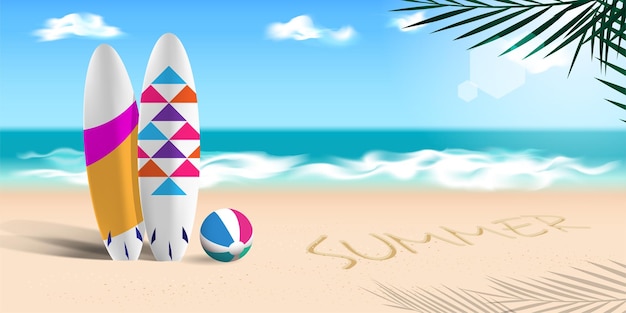 Summer background illustration with surfboard by the sea