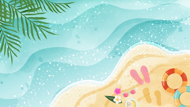 Summer background represent of watercolor beach. Top view and has copy space.