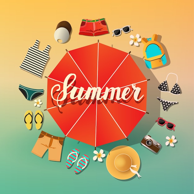 Summer background. Summer symbols are located around the umbrella from the sun Beach and sea. Lettering