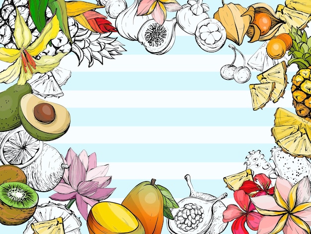 Summer background with fruit and flowers