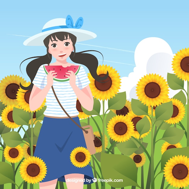 Summer background with girl in field of sunflowers