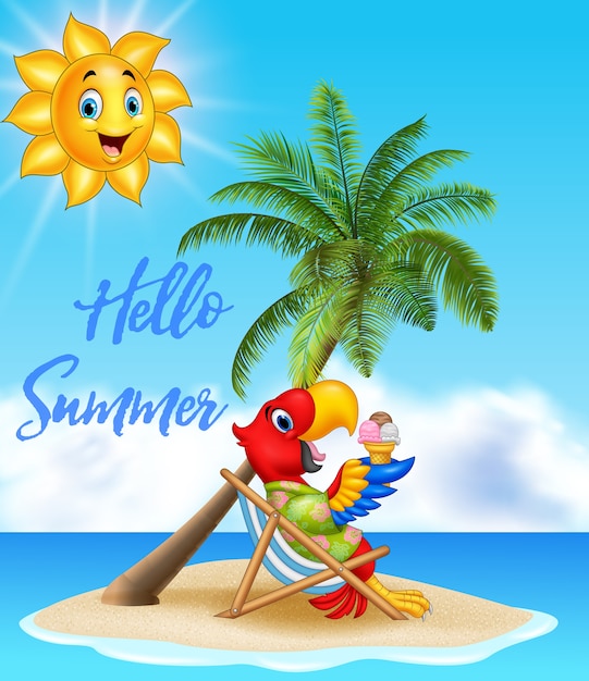 Summer background with parrot eating ice cream