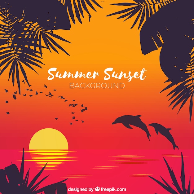 Summer background with silhouette of palm trees and dolphins