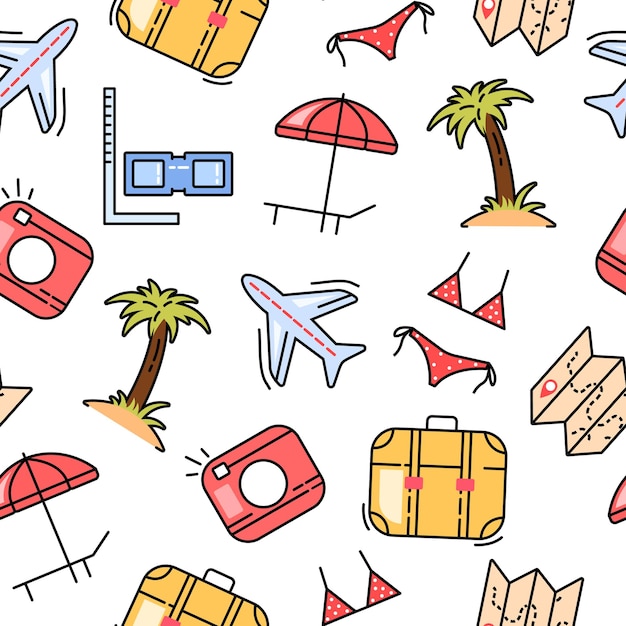 Summer background with travel elements in linear flat style