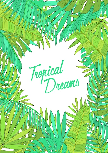 Summer background with tropical leaves, monstera, chamaedorea, banana and other palms.