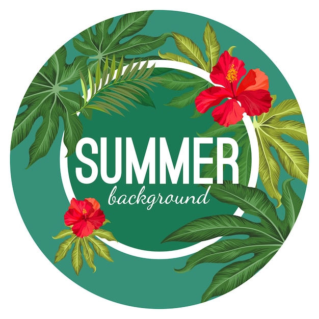 Summer background with tropical leaves and red flower vector illustration in round circle. Jungle foliage on poster with hibiscus blossom