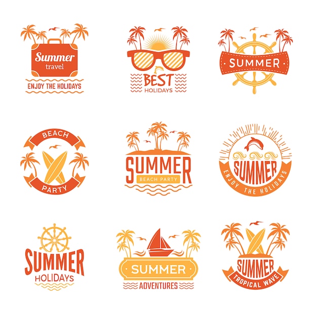 Summer badges. Travel labels and logos palm tree drinks sun vacation tropical  symbols