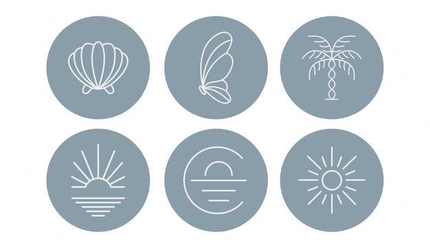 Summer badges with clockwork seashells flowers and hands in circles Vector illustration Set of icons and emblems for social media news covers Design templates for yoga studio tourism beauty salons