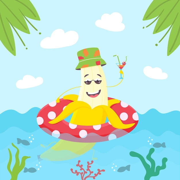 Summer banana character swims inflatable circle Summer character panama cocktail Yellow smiling