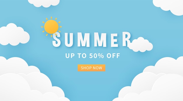 Summer banner background Fluffy clouds and sun on blue sky background Paper cut style