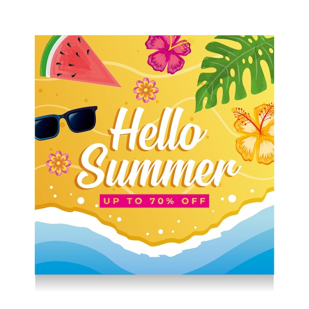 Summer banner. beach and sea with tropical leaves and flowers. hello sumer