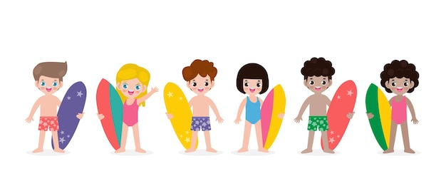 summer banner and set of cute surfer children with surfboard