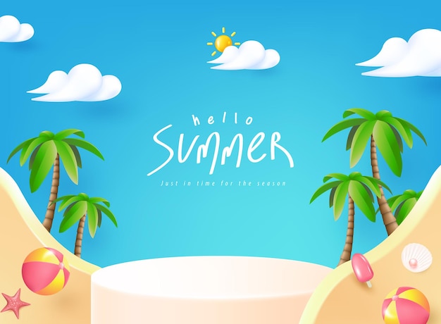 Summer banner template for promotion with product display cylindrical shape and beach background