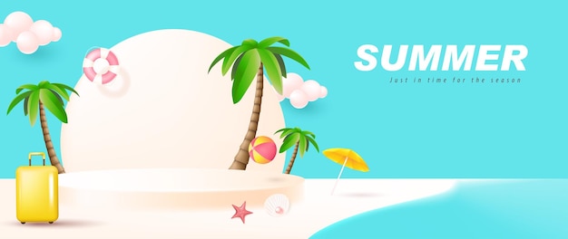 Summer banner template for promotion with product display cylindrical shape and beach background