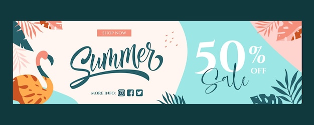 Summer banner with flamingo and tropical leaves