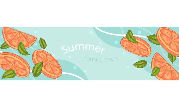 Summer banner with fresh oranges Horizontal flyer Top of site Vector illustration Cartoon style