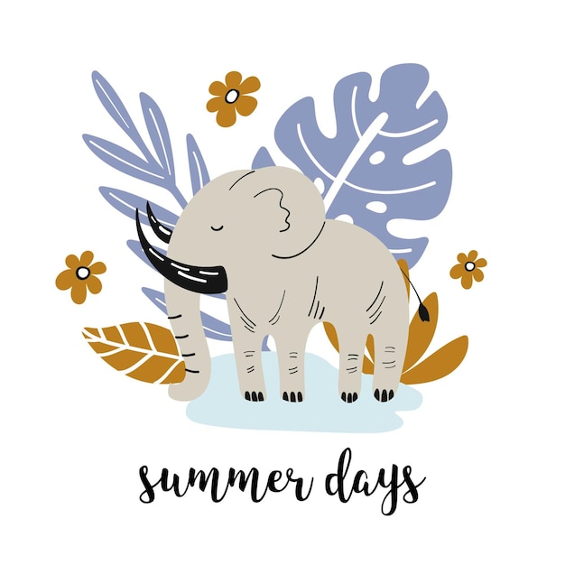 Summer banner wth cute elephant and hand drawn elements