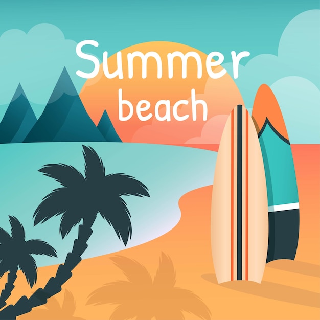 Summer beach background Beautiful Tropical seascape with sand surfboards silhouettes palms Vector