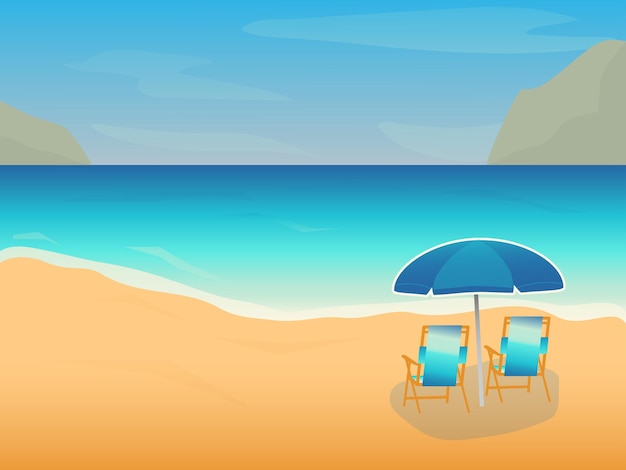 Summer beach background with umbrella and chairs