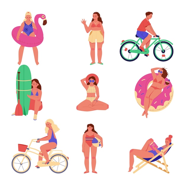 Summer beach cartoon vector illustration with jumping happy young people