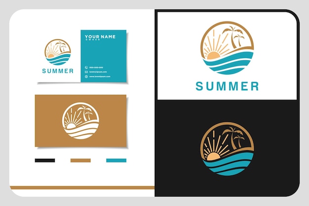 summer beach coast island sea ocean with palm and summer sun rays logo design inspiration