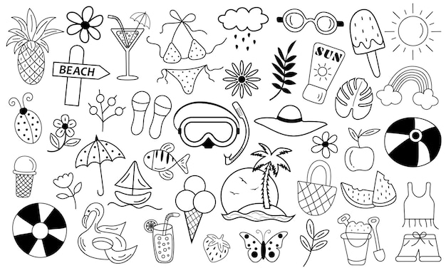 Summer beach hand drawn vector symbols and objects in doodle style Vector illustration