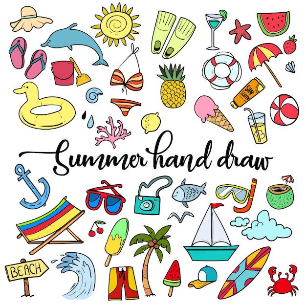 Summer beach hand drawn vector symbols and objects