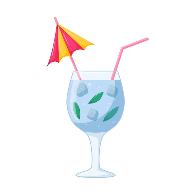 Summer beach ice cocktail A refreshing mixed drink with ice cubes and mint leaves in a transparent wine glass with a straw Healthy beverage in cartoon style on white background Vector illustration