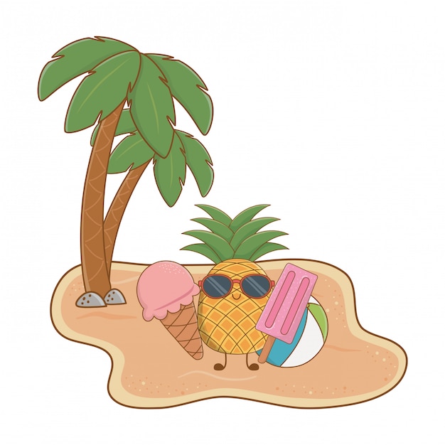 Summer and beach island with cute pineapple character