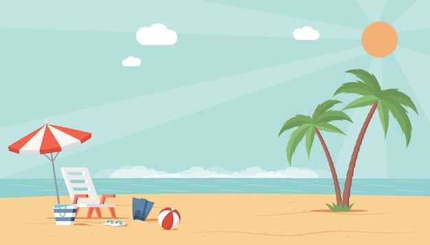 Summer beach landscape view with sea, umbrella, ball, and deckchair. Perfect vacation flat illustration.