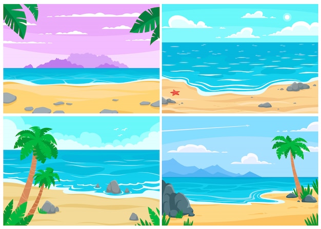 Summer beach. Ocean or sea shore, beaches landscape and daytime sand beach cartoon   background illustration