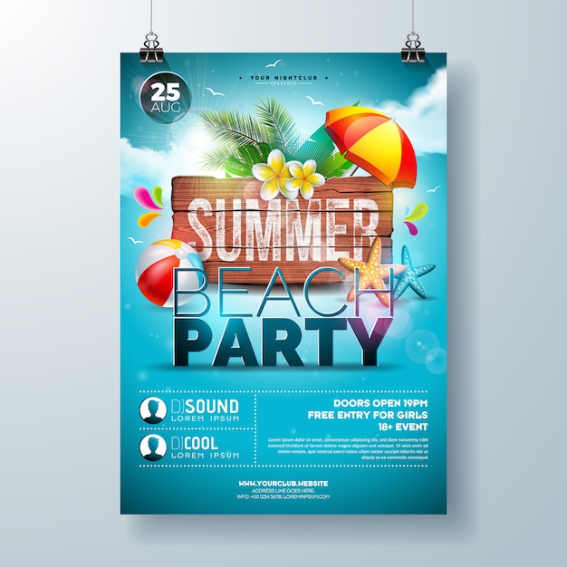 Vector summer beach party flyer or poster template design with flower and palm leaves