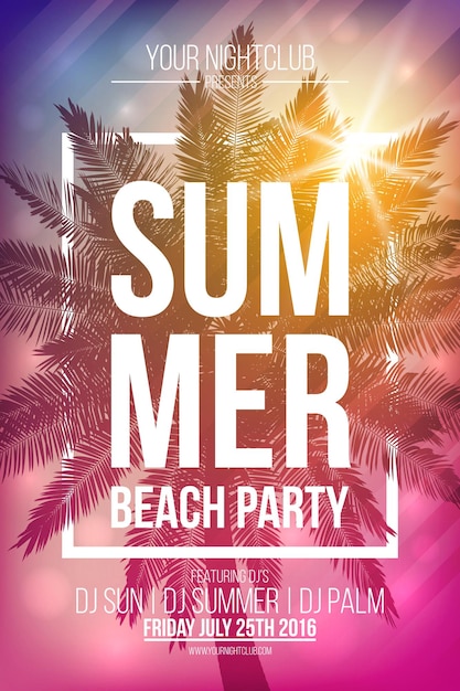 Vector summer beach party vector flyer template with palm and frame. vector background for banner, poster