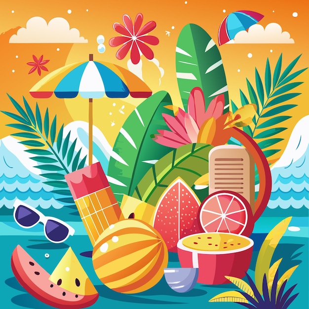 Summer Beach Party with Fruits Umbrella and Sunglasses