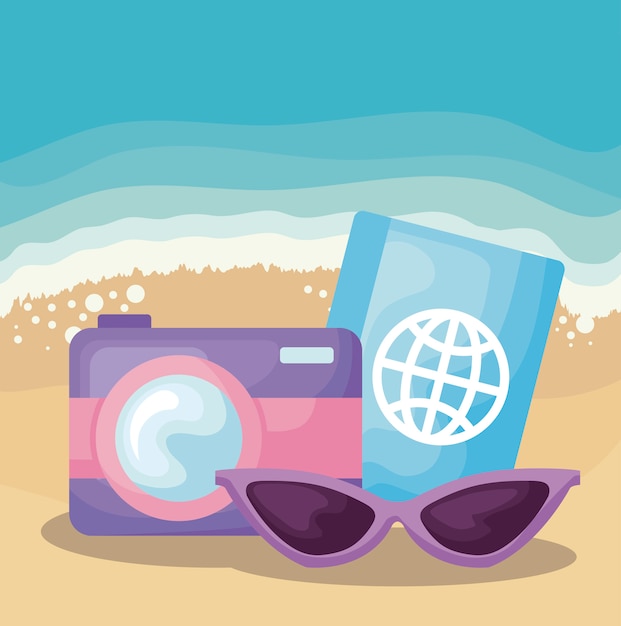 Summer beach scene with camera and passport