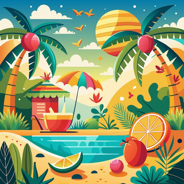 Summer Beach Scene with Palm Trees Pool and Fruit