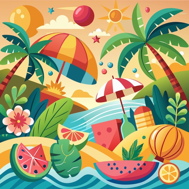 Vector summer beach scene with palm trees watermelon orange and a beach umbrella