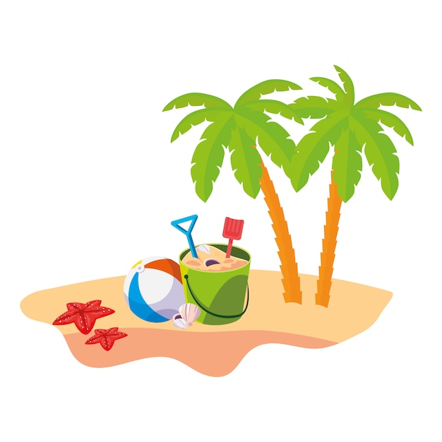 summer beach scene with tree palms and sand bucket