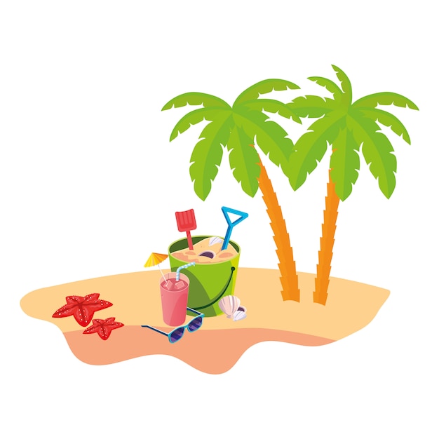 summer beach scene with tree palms and sand bucket