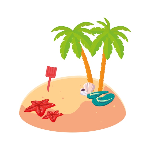 summer beach scene with tree palms and starfish