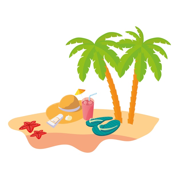 summer beach scene with tree palms and straw hat