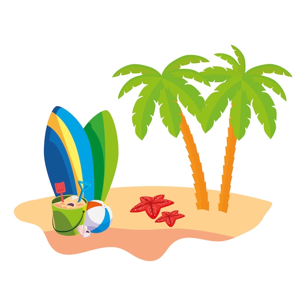 summer beach scene with tree palms and surfboards