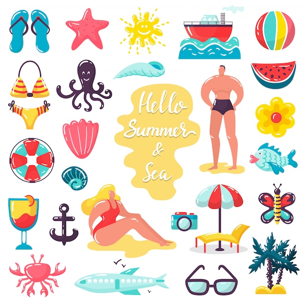 Summer beach sea holidays illustrations, people in summer vacation isolated icons set