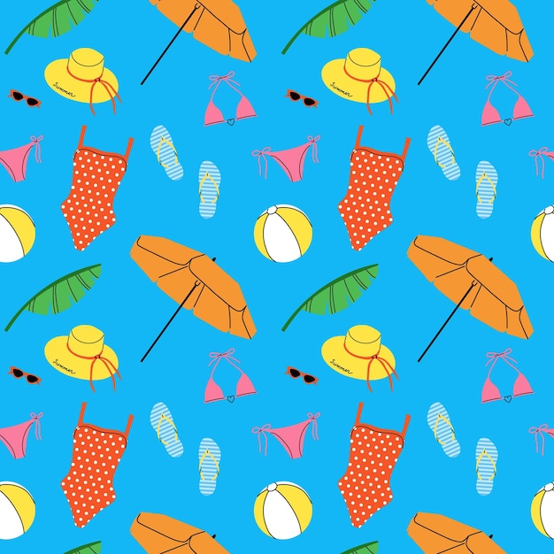 Vector summer beach seamless pattern umbrella sun lounger inflatable ring and ball summertime holiday journey sea vacation decor textile wrapping paper wallpaper design print for fabric vector