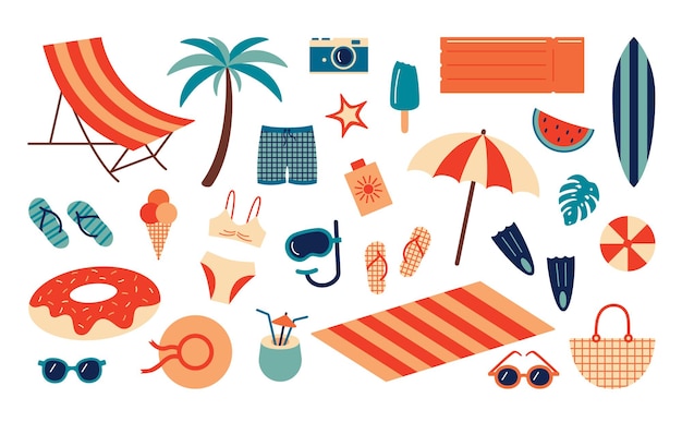 Summer beach set. Cartoon sea and ocean recreation attributes, parasol sunglasses ball slippers and towels. Vector summer vacation set elements illustration sunny resort