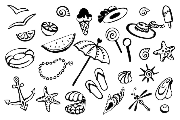 Summer beach set icons hand drawn doodle coloring