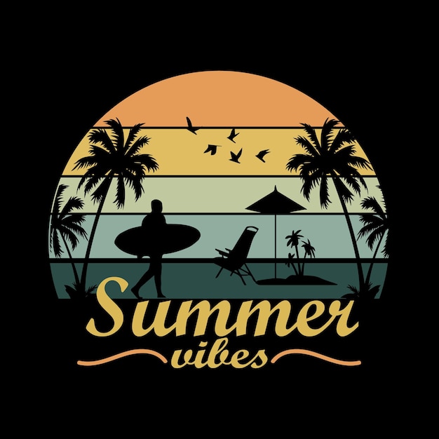 Summer at the beach silhouette retro t shirt design Premium Vector