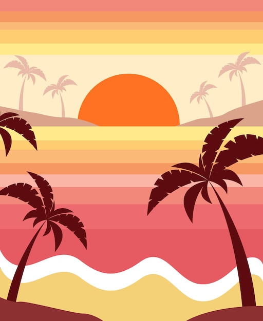 Summer beach sunset landscape with palm trees silhouette